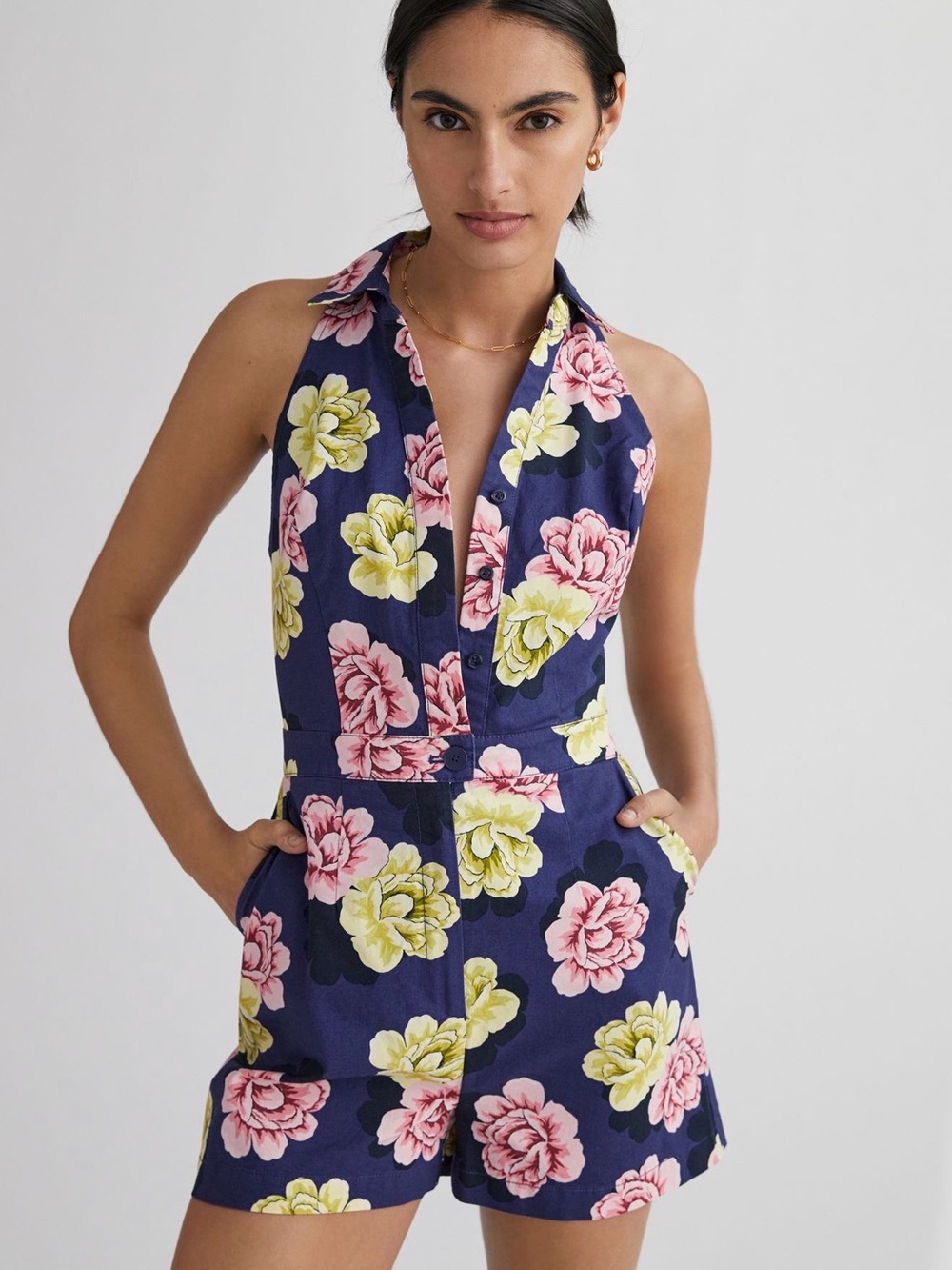 🌸 Anthropologie Maeve Retro Collared Romper Blue Printed Button Front Size 6‎
